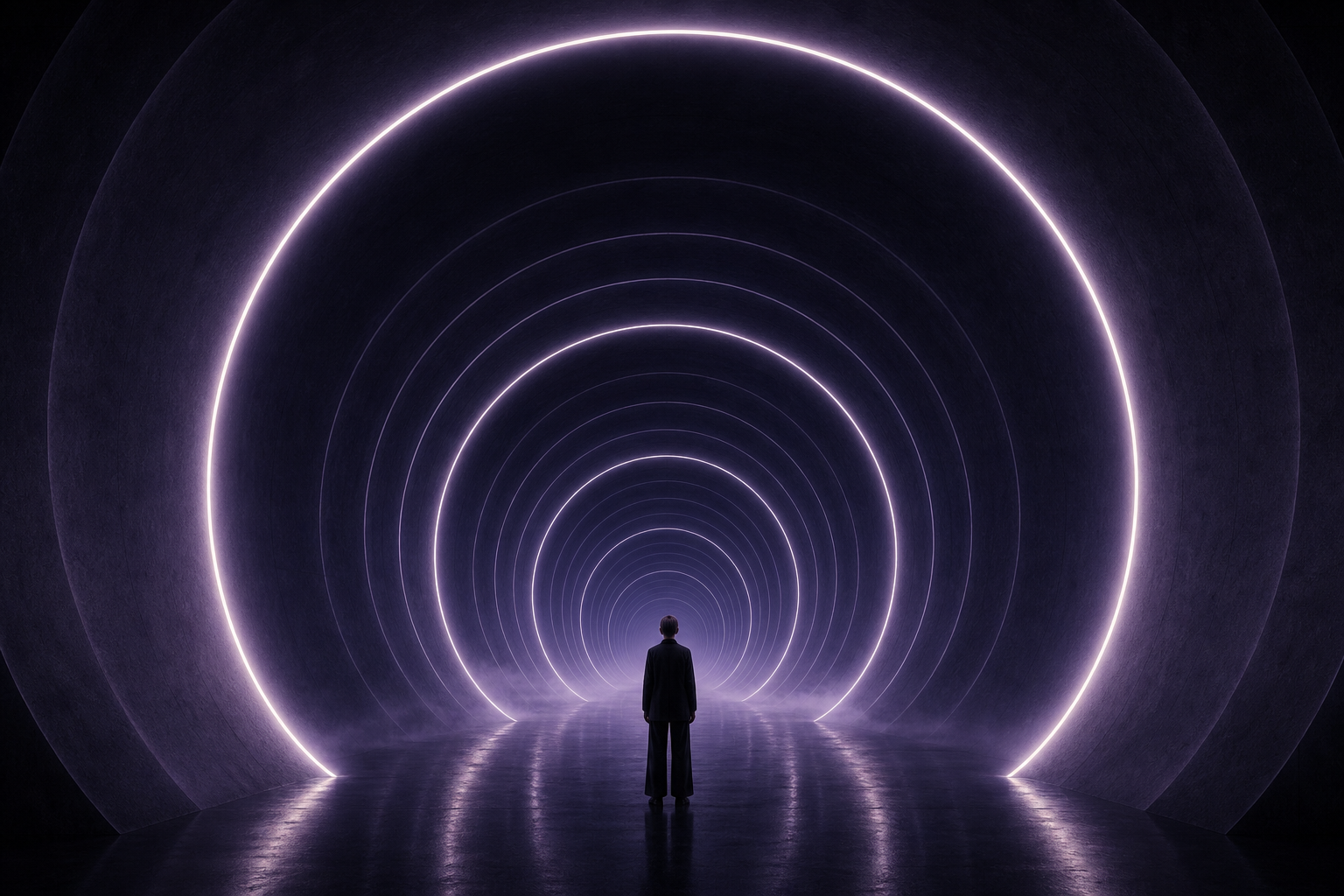 A glowing circular threshold receding into a dark space