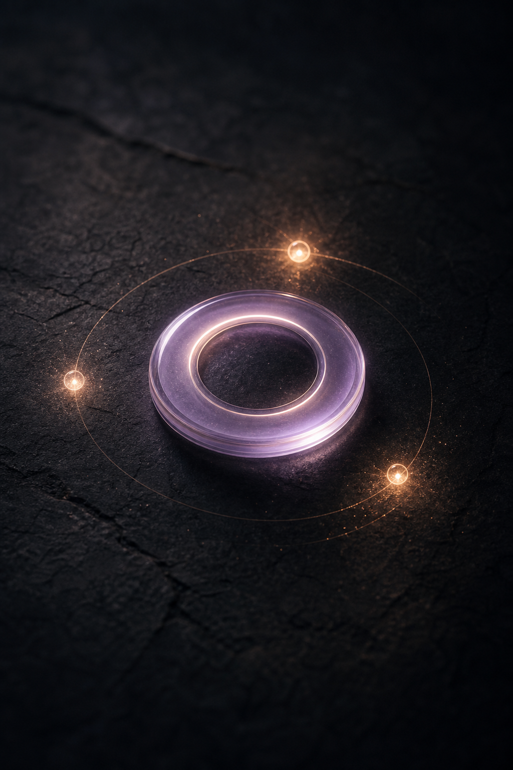 A small glowing charm ring on dark stone