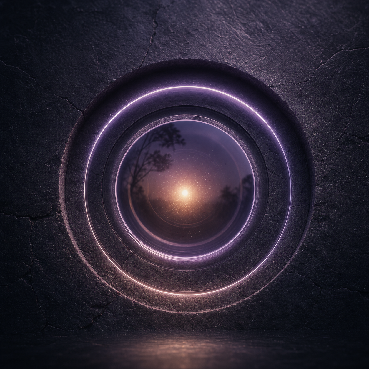 A glowing circular lens on dark stone holding a quiet moment of light
