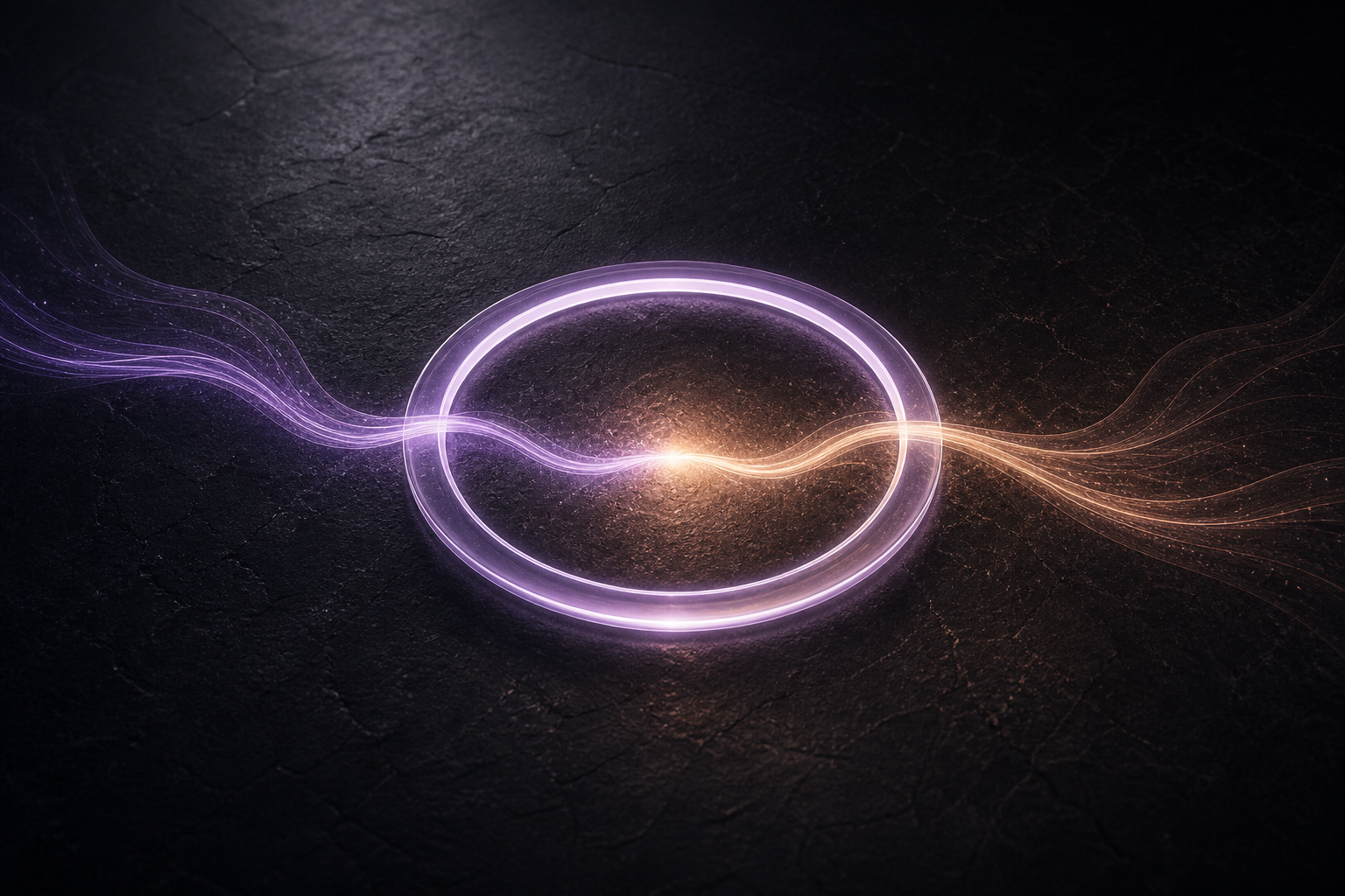 Two light streams meeting through a glowing ring on dark stone