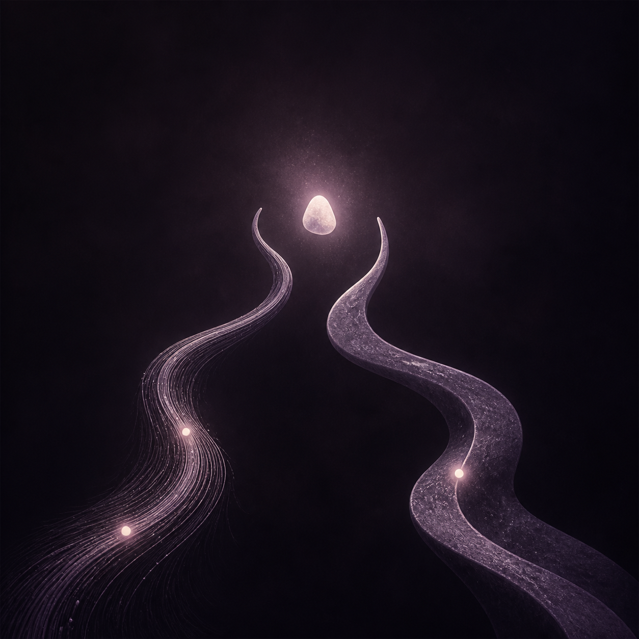 Two softly lit paths moving toward a shared point of light