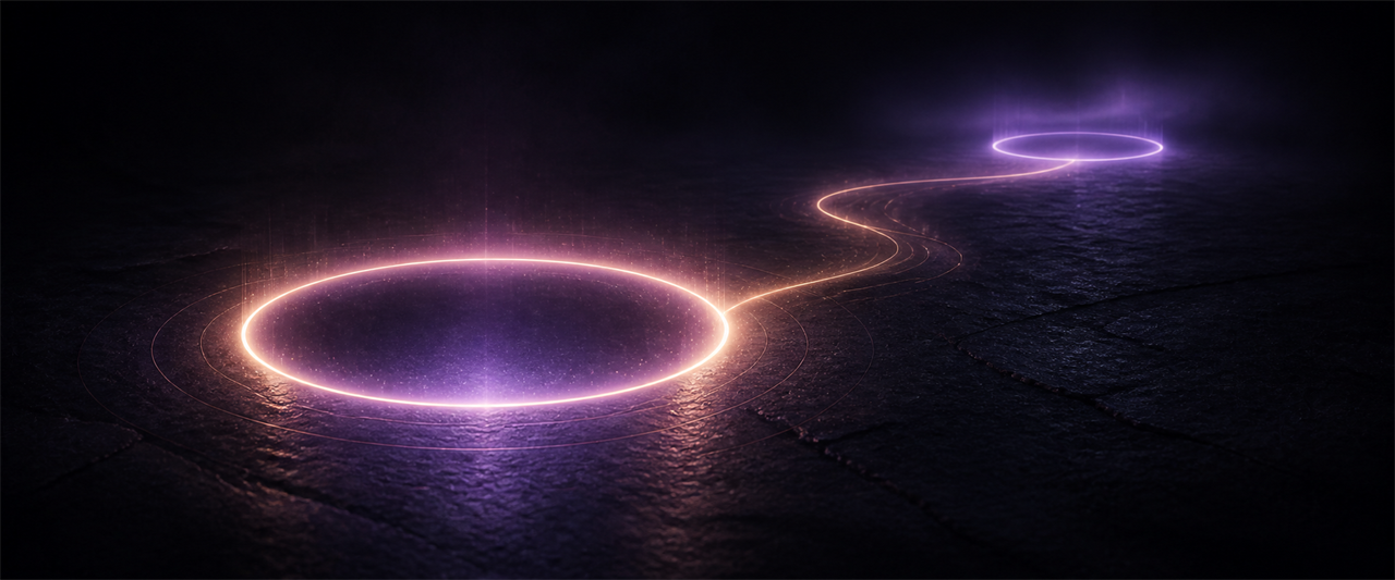 A glowing path between two portal rings representing paired mode